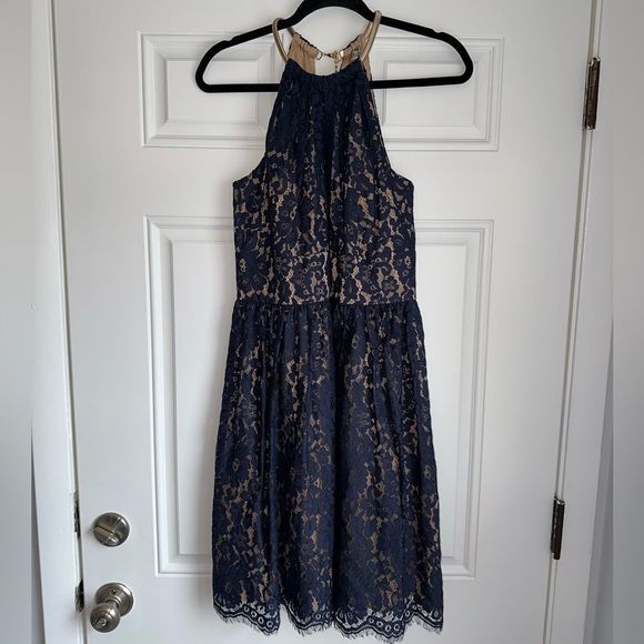 Eliza J Navy Blue Lace Halter Dress nude gold neck detail size 8 - Picture 2 of 8